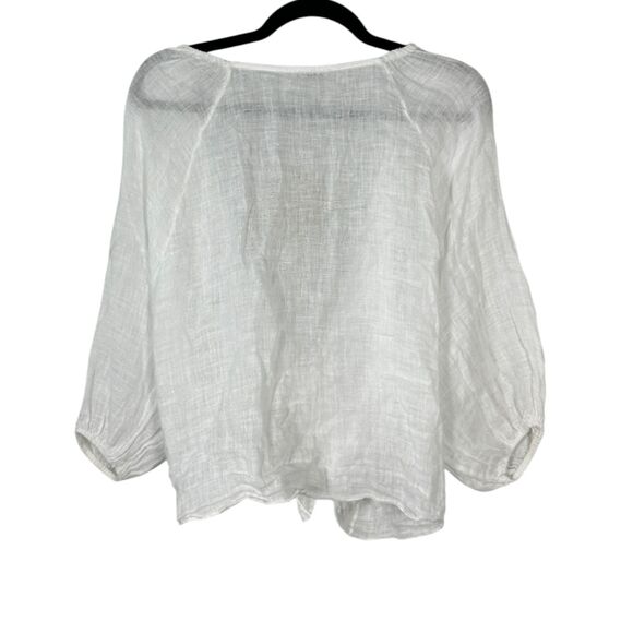 Puro Lino White Tie Front Cropped Puff Sleeve Linen Blouse Size One Size NEW - Picture 6 of 6